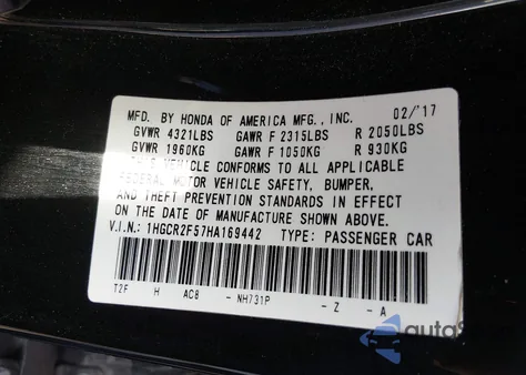 2017 Honda Accord Sport from USA, damaged, VIN 1HGCR2F57HA169442